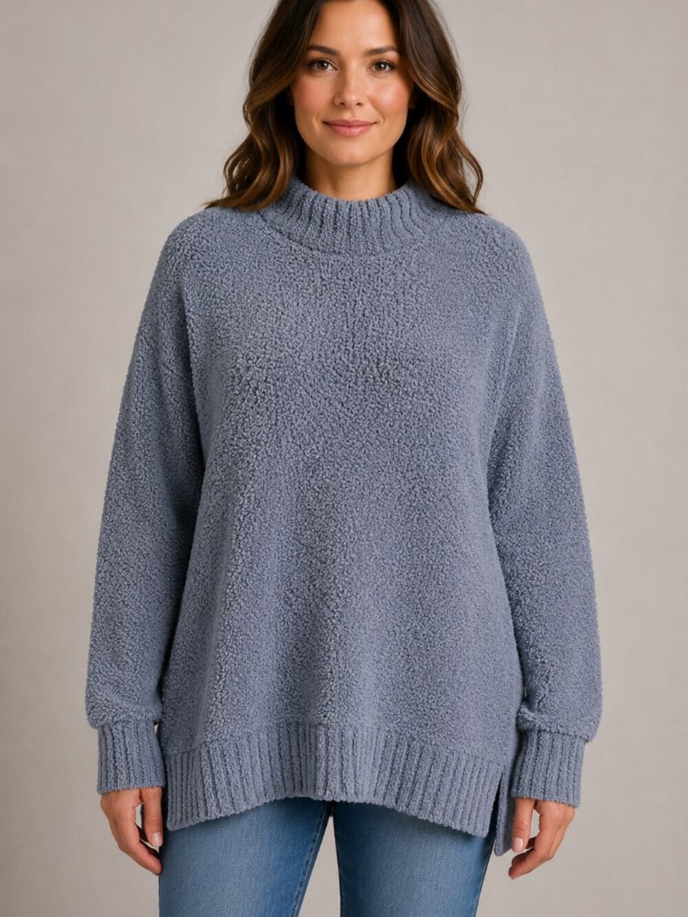 Olivia Sky Women’s XXL Blue Gray Chenille Mock Neck Sweater Soft Cozy
